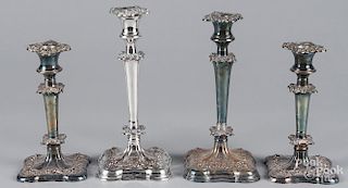 Two pairs of Sheffield plate candlesticks, 19th c., 10 1/4'' h. and 8 1/2'' h.