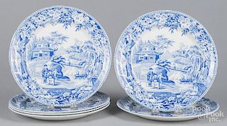 Set of six Davenport Staffordshire plates, 19th c., in a chinoiserie pattern, 9 3/4'' dia.