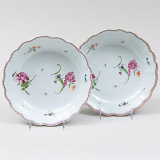 Pair of Chinese Famille Rose Porcelain Lobed Saucer Dishes 