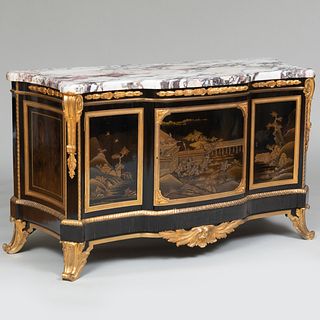 Louis XV/XVI Style Gilt-Bronze-Mounted Ebony, Black Lacquer and Parcel-Gilt Commode, After The Model By Bernard I Van Risenburgh