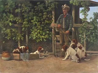 LORETTA TAYLOR (20TH C.) OIL PAINTiNG HUNTING DOGS