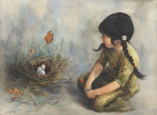 LORETTA TAYLOR (20TH C.) WATERCOLOR YOUNG GIRL WITH BIRD'S NEST