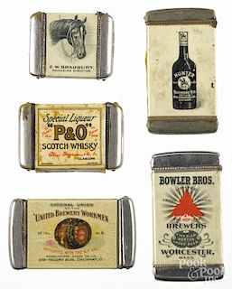 Five celluloid advertising match vesta safes, to include Hunter Baltimore Rye, P & O Scotch Whisk