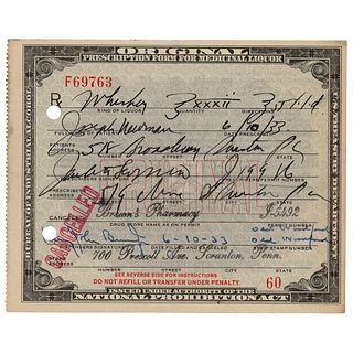 Prohibition: 1933 Liquor Prescription for Whiskey