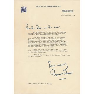 Margaret Thatcher Typed Letter Signed on "the Soviet threat"