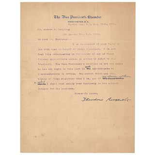 Theodore Roosevelt Typed Letter Signed as Vice President, Commenting on the Role of the VP