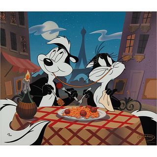 Pepe Le Pew and Penelope Pussycat limited edition hand-painted cel from Clampett Studio Collections - &#39;They Eat Pasta Too!&#39;