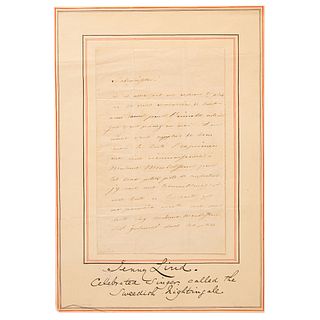 Jenny Lind Autograph Letter Signed, Referring to Mendelssohn&#39;s Wife