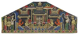 CARVED HINDU POLYCHROME PAINTED WOOD PANEL