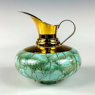 Mid-Century Delft Hand Painted Porcelain Ewer Brass Vase