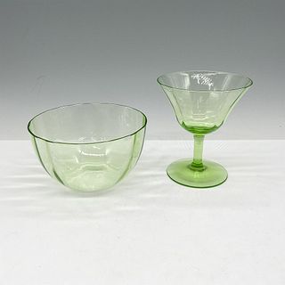 2pc Vintage Green Depression Glass, Bowl + Dessert Cup