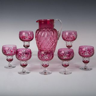 8pc Vintage Cranberry Glass Pitcher and Stemmed Glasses