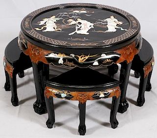 CHINESE LACQUER & HARDSTONE INLAY TABLE & STOOLS