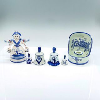 6pc Delft Porcelain Figurine, Candle Sconce, and Bells