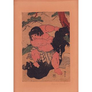 Japanese Woodblock Print on Paper of Kintaro Fighting Bears