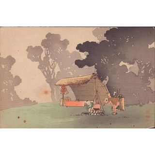 Konen (Japanese) Woodblock Print, Travelers at a Campfire