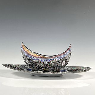 Middle Eastern Tulip Copper Enamel Bowl with Tray