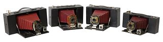 (4) FOLDING BROWNIE CAMERAS, ALL RED BELLOWS