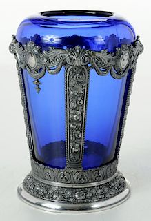 Blue Glass and Silver Plate Vase