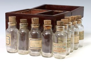 (10) GLASS PHOTO CHEMICAL BOTTLES WITH WOOD BOX