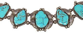 NATIVE AMERICAN SILVER & TURQUOISE BENCH BEAD CHOKER NECKLACE