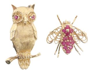 (2) ESTATE GEM-SET 14KT YELLOW GOLD OWL & BEE BROOCHES