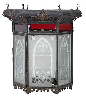 Large Gothic Style Hexagonal Glass and Metal Hanging Lantern