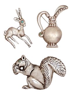 (3) SILVER HOLLOW FIGURAL BROOCHES, MEXICO
