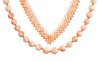 (2) ESTATE ANGEL SKIN CORAL BEADED NECKLACES