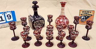Tray Bohemian Glass- 2 Decanters 7 1/4" + 7" W/ 15 Cordials
