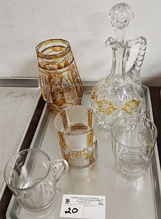 Tray 3 19th C Glasses 1 Dated 1880 W/Etched Cathedral Etched + Cut W/ 3 Bouquets, 1 Pressed + Bohemian Glass Amber Cut To Clear Vase 6 1/4" + Cut Ewer