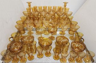 Tray 59 Pc Amber Cut To Clear Stemware Glasses, Pr Candlesticks, Finger Bowls