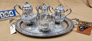 Ball Block + Co NY 4 Pc Coin Silver Tea Set Hallmarked W. F. 82.68 Ozt W/ Silverplate Tray 22 1/4" X 16 1/2"