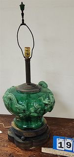 Chinese Green Glaze Pottery Lamp W/ High Relief Dragons 32"