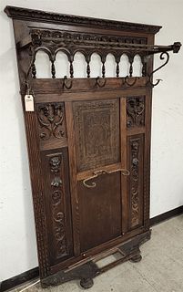 Carved Hall Stand W/ Wrought Fittings 73 1/2"H X 46"W X 12"D No Umbrella Pan