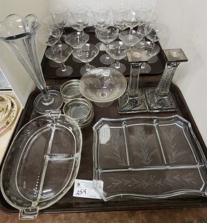 2 Trays- 20 Pc Etched Stemware Pr Silver Overlay Glass Candlesticks, Ethced Vase 12" Etched Serving Trays + Bowl