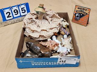 Tray Vintage Toys- Schoenhut Horse Wooden, Porcelain Dolls Etc Jointed 9"