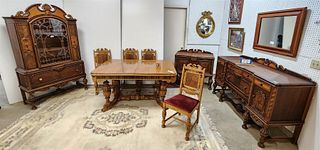 1930's 8 Pc Walnut Dinin gSet Table 41 1/2" X 59" W/ Fold Out Leaf, 4 Chairs, China Cabinet 74"H X 42"W X 16"D, Sideboard 42"H X 65"W X 22"D + Server 