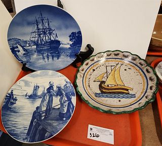 Tray Italy Glazed Pottery Bowl 1"H X 10" Diam + Pr Villeroy + Boch 10 1/2" Cabinet Plates Ship Motif