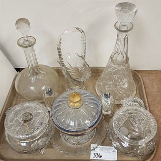 Tray Cut Glass- Dresser Bx + Hair Receiver, Decanters, Some Pressed Glass Etc 