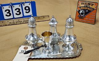 Lot Sterl Salt/Peps, Jigger Spoon 9.91Ozt On A Silverplate Tray
