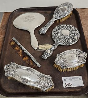 Tray 2 Sterl Dresser Mirrors, Silverplate Brushes + Comb