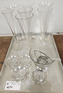 Tray 4 Silver Overlay Sherbets, Sterl Base Etched 2 Part Bowl, 7 Pilsner Glasses 