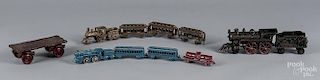 Collection of cast iron trains and train cars, to include Arcade, Kenton etc., locomotive - 7 1/2'' l