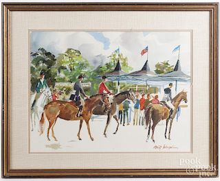 Cecile Johnson (American 1916-2010), watercolor steeplechase, signed lower right, 18'' x 24''.