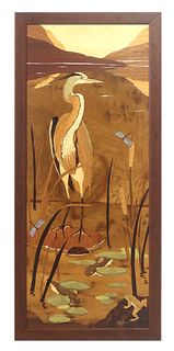 HUDSON RIVER INLAY MARQUETRY WOOD PANEL 'HERON,' 40" X 18"