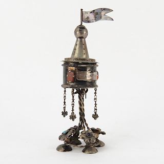 19th Century Judaica Silver European Spice Box In The Shape Of A Tower