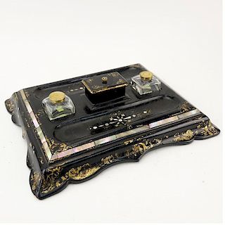 19th Century English Victorian Gilt Lacquered Ebonized Papier Mache and Mother of Pearl Inkstand