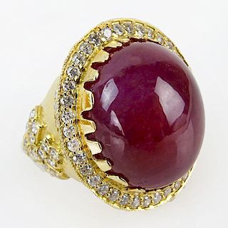 40.27 Carat Cabochon Burma Ruby, 1.79 Carat Round Brilliant Cut Diamond and 18 Karat Yellow Gold Ring.