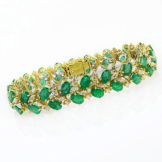 20.0 Carat Oval Cut Emerald, 3.50 Carat Round Brilliant and Marquise Cut Diamond and 18 Karat Yellow Gold Bracelet. Emeralds 
